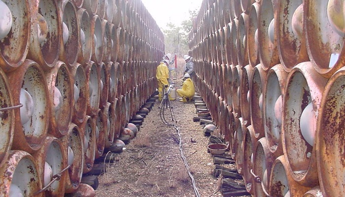 a group of workers inspecting barrels